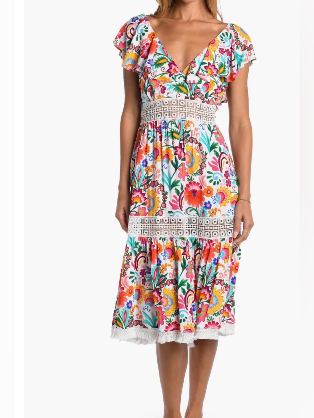 Sunshine79 Floral V-Neck Midi Dress with Lace Waist size Medium 

Like new